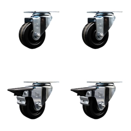 Service Caster 3'' Phenolic Wheel Swivel Top Plate Caster Set with 2 Posi Brakes, 4PK SCC-20S314-PHR-2-PLB-2